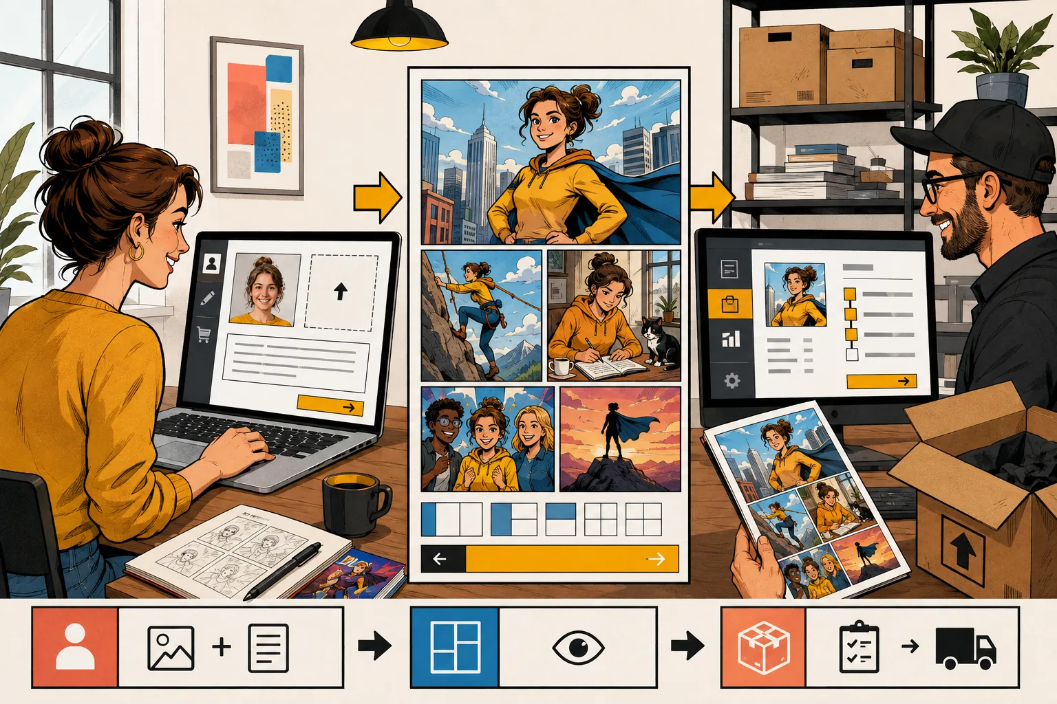 A storefront customer uploads a portrait, configures a comic, and sends the finished pages through merchant review and delivery