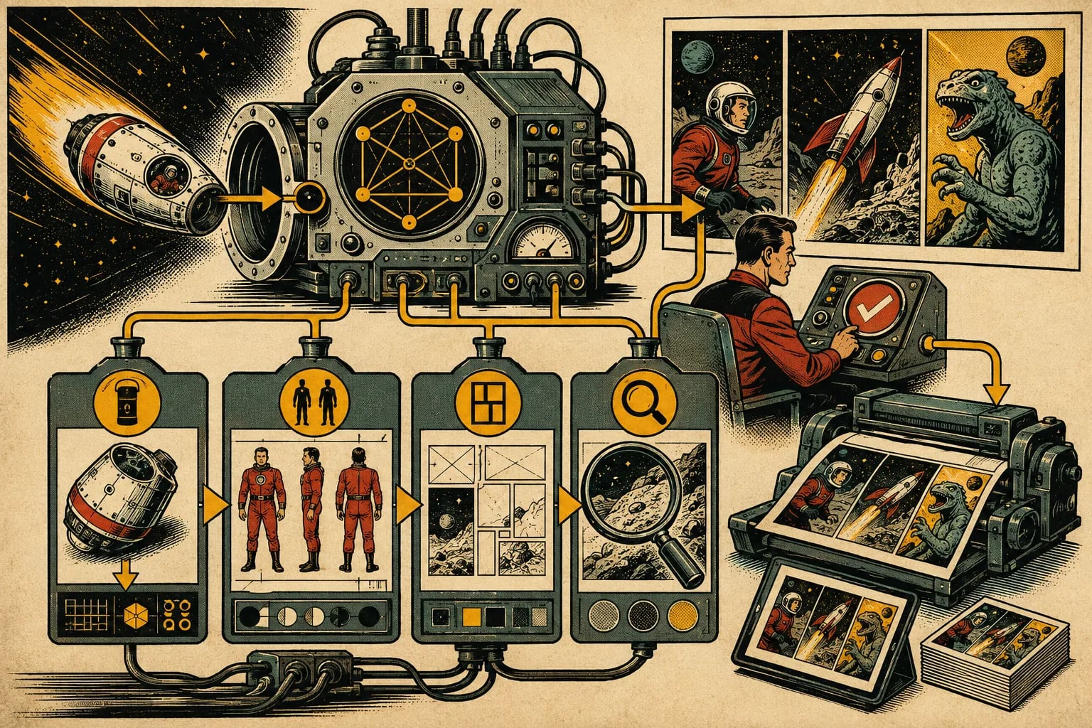A retro-futurist orchestration machine routes a space-comic task through character, layout, review, and delivery stages
