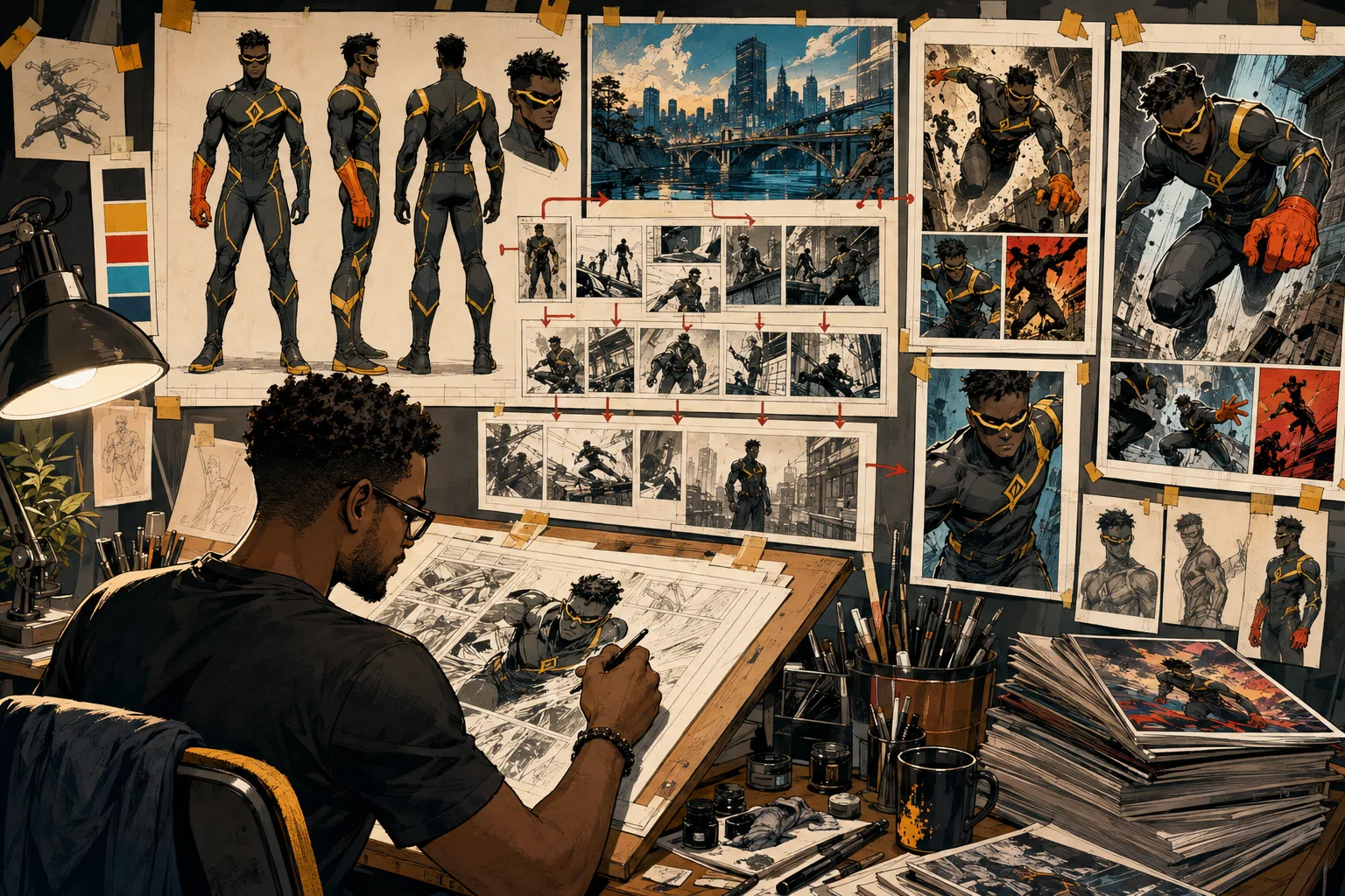 A Black independent creator draws an original superhero beside character turnarounds, page thumbnails, and finished action pages